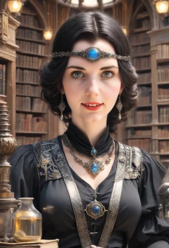 headmistress,librarian,miniaturist,vidya,gothel,grimes,alita,mihrimah,ariela,fortuneteller,farquaad,steampunk,morwen,noblewoman,girl in a historic way,victoriana,alara,neera,jaya,jeweller,Digital Art,Classicism