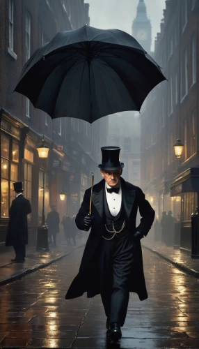 man with umbrella,mary poppins,bowler hat,brolly,dickensian,homburg,haberdasher,poppins,borsalino,poirot,footman,foppish,stovepipe hat,gielgud,tailcoat,sarjeant,greatcoat,rainman,black hat,deakins,Conceptual Art,Oil color,Oil Color 09