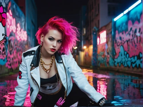 punk,lauper,streampunk,pink hair,punky,electropop,rock chick,punkish,neon lights,punk design,ashlee,grimes,alleyway,garson,alleyways,cyberpunks,subcultures,jinx,neon light,alley cat,Photography,Artistic Photography,Artistic Photography 01