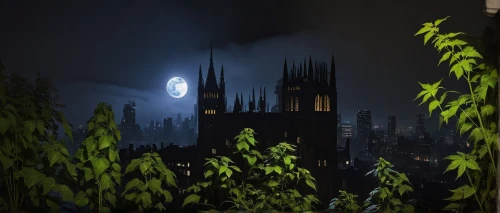 orthanc,night scene,darkfall,moonlit night,derivable,bioshock,moon and foliage,spires,city at night,ravenloft,clocktower,haunted cathedral,riverclan,shadowgate,moonlit,nightscape,nightshade,blackthorne,undercity,theed,Art,Artistic Painting,Artistic Painting 04