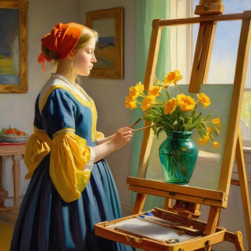 sunflowers in vase,flower painting,painting technique,marguerite,italian painter,pittura,painting,hildebrandt,oil painting,painter,vermeer,margueritte,meticulous painting,girl picking flowers,artist,tretchikoff,easel,ancher,marguerita,art painting,Art,Classical Oil Painting,Classical Oil Painting 20