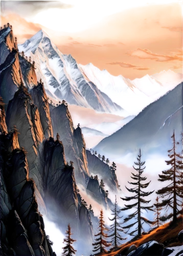 mountain scene,mountain landscape,alpine landscape,mountains,mountainous landscape,autumn mountains,moutains,snowy peaks,mountain sunrise,high mountains,mountain range,mountain slope,landscape background,mountain,mountainsides,mountainside,snow mountains,mountain ranges,giant mountains,alpine crossing,Conceptual Art,Fantasy,Fantasy 34