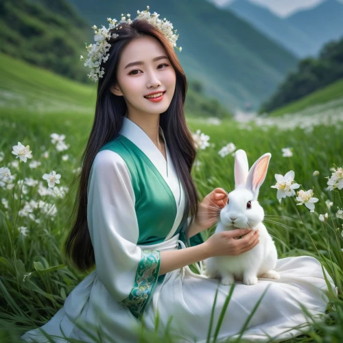 hanqiong,qiong,bunny on flower,xiuqiong,beautiful girl with flowers,hanbok,chuseok,bingqian,soju,white bunny,jieqiong,bunny,spring background,joy,nunu,wonju,gorani,huayi,seowon,lilly of the valley,Conceptual Art,Fantasy,Fantasy 03