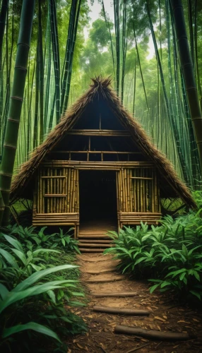 bamboo forest,longhouse,hawaii bamboo,house in the forest,longhouses,bamboo plants,bamboo,tropical house,japanese-style room,japanese shrine,bamboo frame,forest house,dojo,teahouse,japan garden,greenhut,asian architecture,bamboo curtain,korowai,tropical forest,Photography,General,Fantasy