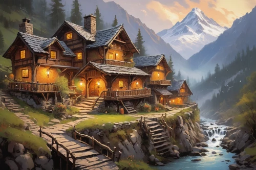 house in mountains,house in the mountains,mountain settlement,the cabin in the mountains,mountain huts,alpine village,mountain village,house in the forest,wooden houses,log cabin,log home,mountain hut,cottage,home landscape,summer cottage,house with lake,lonely house,wooden house,dreamhouse,fantasy landscape,Conceptual Art,Oil color,Oil Color 09