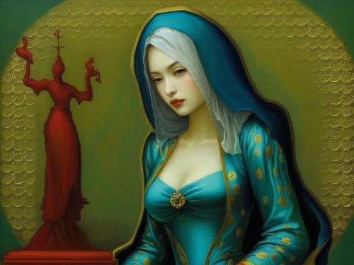 priestess,melusine,estess,bvm,vestal,sorceress,blue enchantress,eldena,elenore,fantasy portrait,velika,marian,mediatrix,magdalene,hildebrandt,gothic portrait,fantasia,rosnazura,elona,fantasy art,Illustration,Realistic Fantasy,Realistic Fantasy 08