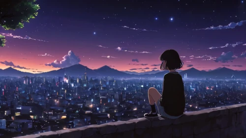 tanabata,boogiepop,starry sky,the night sky,dream world,skygazers,sidonia,city lights,japan's three great night views,night sky,starlight,falling stars,overlooking,nightsky,skywatch,evernight,homeworlds,hisaishi,shinbo,star sky,Illustration,Japanese style,Japanese Style 05