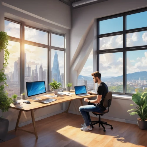 modern office,working space,blur office background,creative office,workspaces,computer workstation,office desk,work space,workstations,furnished office,work from home,3d rendering,telecommuter,work at home,offices,telecommuting,man with a computer,office automation,computer room,desk,Illustration,Vector,Vector 07