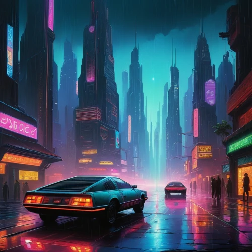 bladerunner,polara,cyberpunk,cityscape,futuristic landscape,cybercity,80's design,futuristic,fantasy city,synth,cybertown,futurepop,camaros,retro car,cyberscene,autopia,neon arrows,urban,retro background,retro styled,Illustration,Retro,Retro 19