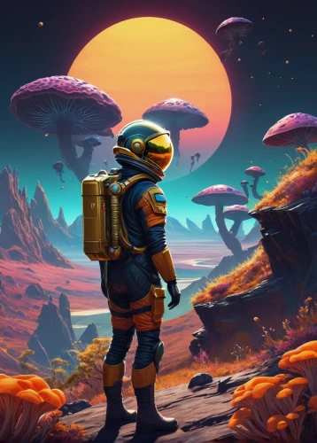 farpoint,gek,planetside,martian,nms,alien planet,explorer,cartoon video game background,explorers,wildstar,oddworld,extrasolar,bohlander,starbound,dusk background,mission to mars,alien world,game art,iconoclasts,interplanetary,Illustration,Retro,Retro 26