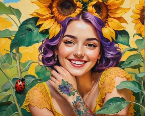 girl in flowers,beautiful girl with flowers,tretchikoff,sunflowers,flower painting,sunflower coloring,sunflower,pollina,sunflowers in vase,flower art,yellow daisies,girl in a wreath,colorful floral,julia butterfly,pollinate,baoshun,sunflower lace background,heatherley,boho art,boho art style,Conceptual Art,Oil color,Oil Color 25