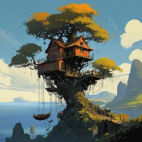 tree house,treehouse,tree house hotel,treehouses,floating island,stilt house,island suspended,hanging houses,tree top,flying island,dreamhouse,bird house,forest house,little house,lonely house,house with lake,house in the forest,stilt houses,lookout tower,bird tower,Conceptual Art,Sci-Fi,Sci-Fi 01