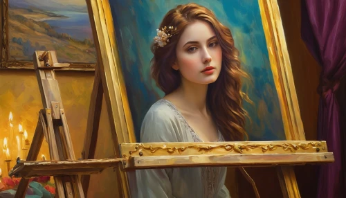 meticulous painting,emile vernon,art painting,leighton,mystical portrait of a girl,magic mirror,italian painter,oil painting,easel,photo painting,duchesse,overpainting,romantic portrait,fantasy portrait,the mirror,easels,portraitists,oil painting on canvas,painting technique,fantasy art,Illustration,Realistic Fantasy,Realistic Fantasy 30