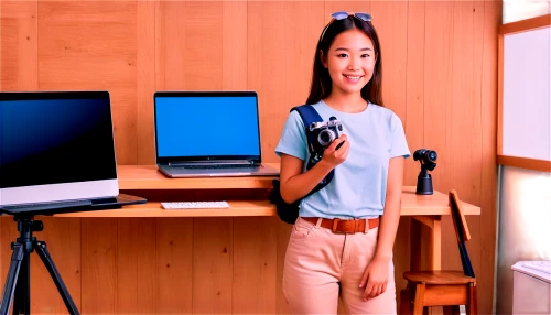 greenscreen,student with mic,blur office background,girl at the computer,green screen,telepresence,camera stand,commercial,mikiko,digipen,video production,hbbtv,photography studio,makiko,ayami,ayako,videocam,kaewkamnerd,yuhui,rc model,Illustration,Japanese style,Japanese Style 01