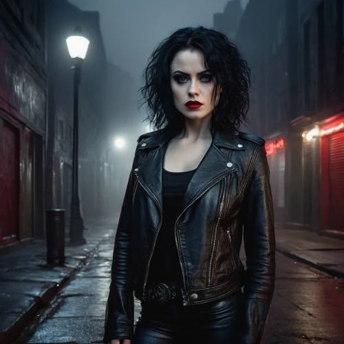 gothika,leather jacket,tamsin,atrix,vampire woman,lightwood,romanoff,goth woman,ravenswood,marla,dark angel,arletty,storybrooke,darktown,underworld,domino,gothic woman,morganville,bellatrix,leathered,Illustration,Abstract Fantasy,Abstract Fantasy 21