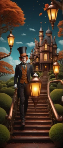 halloween background,fantasy picture,lamplighters,halloween wallpaper,emporium,cartoon video game background,halloween scene,odditorium,victorian,gaslight,steampunk,night scene,gas lamp,dusk background,fantasy city,oktoberfest background,illuminated lantern,pilgrim,lamplighter,halloween border,Conceptual Art,Daily,Daily 22