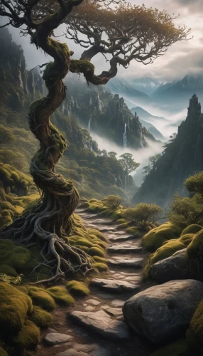 mirkwood,the mystical path,fantasy landscape,the path,pathway,moss landscape,hiking path,winding road,forest path,path,celtic tree,radagast,druidism,fangorn,dragon tree,tree top path,wooden path,crooked forest,ithilien,elfland,Unique,Paper Cuts,Paper Cuts 01