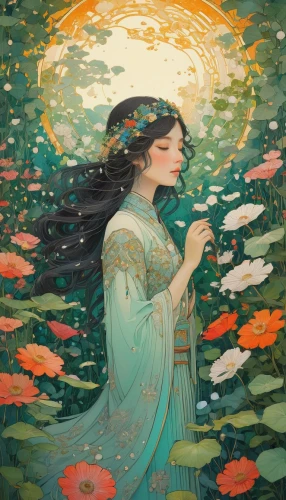 ophelia,dubbeldam,amano,persephone,kommuna,lilly of the valley,throwing leaves,water lotus,lilies of the valley,lilly pond,jasmine blossom,flora,fallen petals,girl picking flowers,rusalka,lotus blossom,lily pond,girl in the garden,lilies,klimley,Illustration,Realistic Fantasy,Realistic Fantasy 12