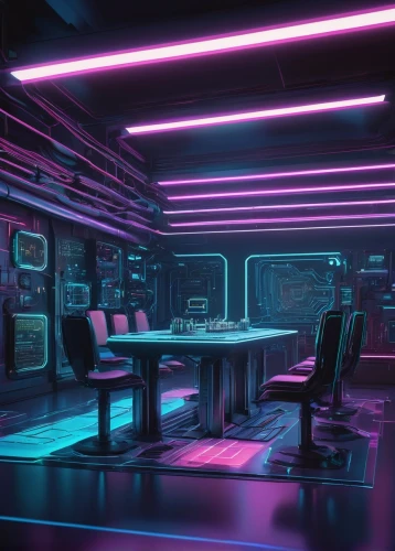 computer room,ufo interior,cyberpunk,spaceship interior,cyberscene,neon human resources,neon coffee,cyberia,working space,scifi,study room,modern office,futuristic,cyberpatrol,neon,80's design,cybertown,neon arrows,cyber,cyberworld,Conceptual Art,Sci-Fi,Sci-Fi 16