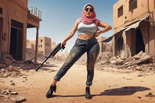 girl with gun,girl with a gun,woman holding gun,bulletgirl,saliyah,hijaber,pubg mascot,longhena,marzieh,hijabs,holding a gun,pinzi,hard woman,photoshop manipulation,numaniyah,tahoua,postapocalyptic,vidya,women clothes,khaldiyah,Illustration,Retro,Retro 09