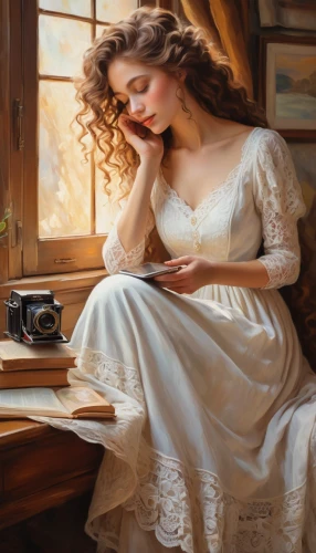 romantic portrait,mystical portrait of a girl,girl studying,victorian lady,women's novels,bibliophile,nightdress,seamstresses,seamstress,dressmakers,embroiderer,vintage woman,love letter,dressmaker,perfumer,girl in a historic way,lectio,noblewomen,emile vernon,bluestocking,Illustration,Retro,Retro 07