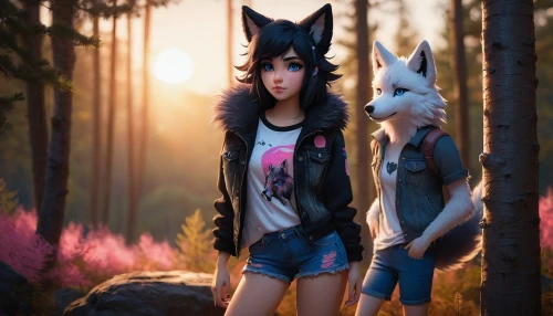 derivable,wolf couple,foxes,two wolves,sfm,wolves,dusk background,loups,timberwolf,anthro,canids,wolfsthal,outfoxed,twilight,wolfes,3d rendered,wolfs,3d render,wolfsschanze,forest walk,Conceptual Art,Fantasy,Fantasy 13