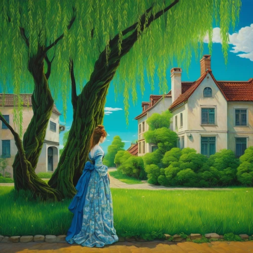 girl with tree,girl in a long dress,green landscape,girl in the garden,little girl in wind,home landscape,girl walking away,village scene,greensleeves,coville,the girl next to the tree,woman playing,sedlacek,peillon,woman walking,oil painting on canvas,mostovoy,art painting,church painting,weeping willow,Illustration,Japanese style,Japanese Style 18