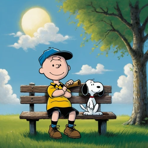 snoopy,peanuts,boy and dog,schroeder,park bench,schulz,linus,cute cartoon image,man on a bench,wooden bench,pigpen,bench,descanso,children's background,heffley,picnic,companionship,skywatchers,picnicking,samen,Art,Artistic Painting,Artistic Painting 49