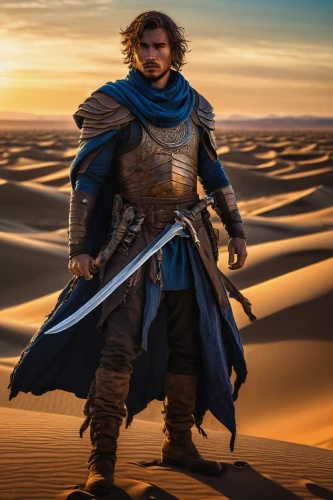 hurrian,ashur,ardeth,tugrul,seregil,biblical narrative characters,iolaus,sandor,the gobi desert,drona,braveheart,haradrim,gobi desert,dastan,momoa,desert background,faramir,ertugrul,mahyar,ronon,Illustration,Realistic Fantasy,Realistic Fantasy 41