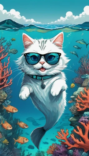 cat on a blue background,sea animal,catshark,cartoon cat,underwater background,nekton,seacat,white cat,korin,catsharks,ocean background,pilchard,marine animal,cat cartoon,calico cat,cat vector,anthropomorphized animals,game illustration,catliff,cataldo,Illustration,Realistic Fantasy,Realistic Fantasy 23