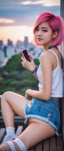 girl making selfie,lilyana,mobitel,pink hair,girl sitting,marzia,vi,ariela,pinklao,dusk background,woman holding a smartphone,pink background,colorful background,anime girl,enza,girl in t-shirt,portrait background,poki,joi,nea,Conceptual Art,Oil color,Oil Color 02