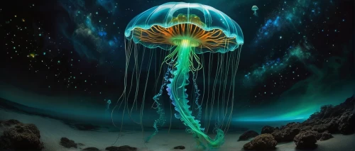 cnidaria,jellyfish collage,jellyfish,jellyfishes,cnidarian,cyanea,lion's mane jellyfish,medusahead,deep sea nautilus,medusae,bioluminescent,phytoplankton,atlantean,bioluminescence,cauliflower jellyfish,cosmic flower,fairy peacock,azathoth,deepsea,sea jellies,Illustration,Realistic Fantasy,Realistic Fantasy 40