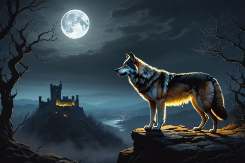 wolfsfeld,howling wolf,blackwolf,wolfen,wolfsangel,wolpaw,lycanthropy,werewolve,lycanthrope,aleu,wolfes,howl,wolfgramm,werewolves,wolfdog,fantasy picture,wolfsschanze,werewolf,lycan,black shepherd,Illustration,Realistic Fantasy,Realistic Fantasy 44