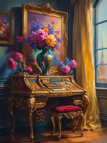 floral chair,flower painting,pianoforte,floral frame,pianist,baroque,concerto for piano,splendor of flowers,painting technique,art painting,rococo,floral composition,the piano,grand piano,piano,oil painting,meticulous painting,peony frame,flower frame,pianola,Conceptual Art,Sci-Fi,Sci-Fi 03