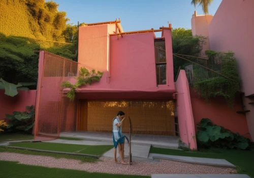 arcosanti,mid century house,dunes house,dreamhouse,palm springs,cube house,3d rendering,cubic house,mansions,riviera,mid century modern,pink grass,pink squares,pink flamingos,danxia,3d render,tuscon,fresnaye,shulman,model house,Photography,General,Realistic