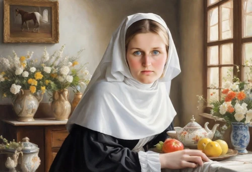 woman eating apple,woman holding pie,perugini,timoshenko,girl with bread-and-butter,maidservant,postulant,woman with ice-cream,girl in the kitchen,girl picking apples,clergywoman,foundress,lacordaire,mennonite,bouguereau,nun,nunsense,girl with cereal bowl,mesdag,praying woman,Digital Art,Impressionism
