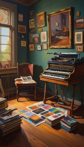 piano books,playing room,pianos,pianoforte,the piano,study room,piano,the living room of a photographer,art gallery,atelier,art background,blue room,workspace,music instruments on table,pianet,home studio,classroom,miniaturist,paintings,harpsichords,Illustration,American Style,American Style 15