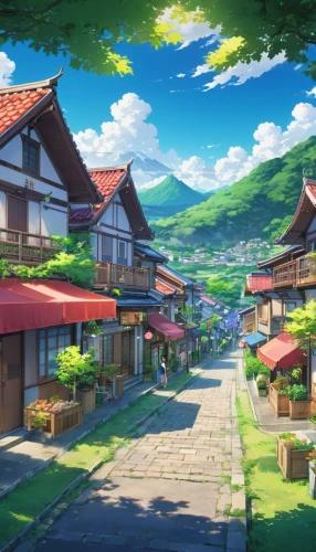 kazoku,butka,aurora village,japanese sakura background,landscape background,japan landscape,kotoko,kyoto,roof landscape,hachiman,sakura background,teahouses,ghibli,neighborhood,magome,japanese background,kanto,yamashiro,pokaski,isshiki,Illustration,Japanese style,Japanese Style 03