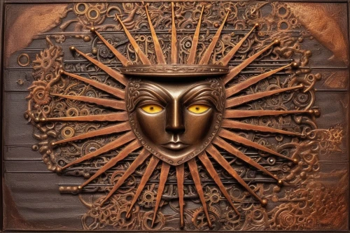 carved wood,sun eye,wood carving,woodburning,sun god,sun head,3-fold sun,wood art,sun burning wood,wooden mask,hand carved,goldsun,marquetry,sun king,woodcarving,venetian mask,golden mask,png sculpture,decorative art,wood board,Illustration,Realistic Fantasy,Realistic Fantasy 13