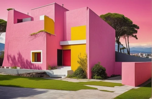 pink squares,cubic house,mahdavi,sottsass,cube house,cube stilt houses,corbu,geometric style,colorful facade,colori,modern architecture,dreamhouse,architettura,dunes house,pink grass,depero,geometric,hypermodern,modern house,magenta,Photography,General,Realistic