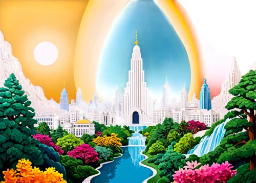 fantasy city,basil's cathedral,art deco background,futuristic landscape,fantasy world,rainbow bridge,fairy world,fairyland,bifrost,colorful city,rivendell,fantasy landscape,landscape background,fantasy picture,ecotopia,citadels,aurora village,gondolin,megapolis,cartoon video game background,Unique,Paper Cuts,Paper Cuts 07