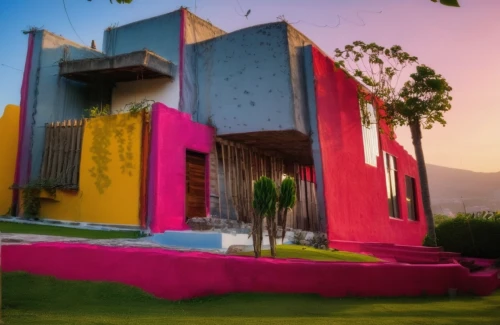 dreamhouse,mid century house,modern house,cube house,dunes house,casita,corbusier,mid century modern,cubic house,magenta,mahdavi,paradisus,3d render,cube stilt houses,casa,sottsass,sansar,modern architecture,depero,corbu,Photography,General,Realistic