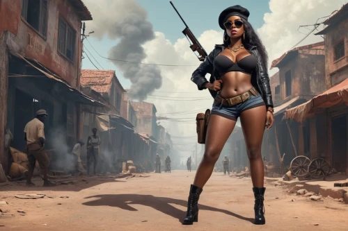 michonne,girl with gun,girl with a gun,bulletgirl,cuba background,woman holding gun,sharpshooter,sanaa,susanthika,rioter,neith,thika,huntress,game art,post apocalyptic,kunbi,kalashnikov,kenshi,coffy,game illustration,Conceptual Art,Fantasy,Fantasy 11