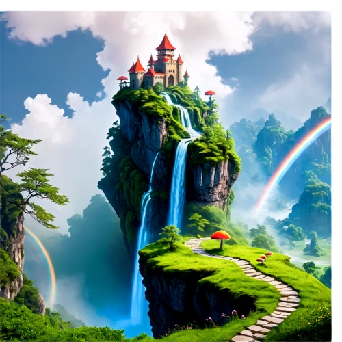 fantasy landscape,fantasy picture,cartoon video game background,3d fantasy,fairyland,landscape background,skylands,fantasy world,imaginationland,fairy world,rivendell,neverland,fantasy art,fairy village,world digital painting,fairy tale castle,rainbow background,fantasy city,dreamlands,wonderlands,Illustration,Retro,Retro 20