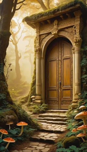 wooden door,fairy door,the threshold of the house,the door,doorways,doorway,garden door,portal,old door,door,open door,fantasy picture,room door,creepy doorway,doors,threshold,wood gate,iron door,cartoon video game background,ancient house,Illustration,Retro,Retro 21