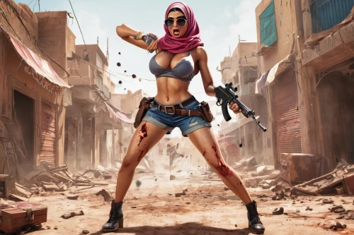 bulletgirl,girl with gun,woman holding gun,girl with a gun,saliyah,hard woman,shadman,hijaber,postapocalyptic,borderlands,donsky,sharpshooter,longhena,gunslinger,underarmed,sci fiction illustration,game art,counterterrorist,holding a gun,world digital painting,Conceptual Art,Fantasy,Fantasy 26