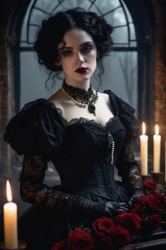 gothic portrait,gothic woman,countess,black rose,victorian lady,vampire lady,vampire woman,victoriana,gothic dress,dark gothic mood,gothic style,goth woman,black candle,morgana,victorian style,gothic,noblewoman,black queen,romantic rose,milady,Photography,Documentary Photography,Documentary Photography 34