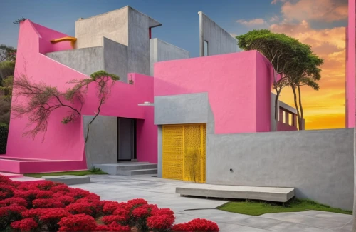 pink squares,corbu,depero,cube house,sottsass,mahdavi,cubic house,bright pink,dunes house,dreamhouse,magenta,modern house,casita,modern architecture,cube stilt houses,pink elephant,fuchsia,bougainvilleans,stucco,arquitectonica,Photography,General,Realistic