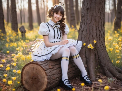 country dress,clannad,tomoyo,knee-high socks,cosplay image,anime japanese clothing,puella,nanako,daffodil field,touhou,sumiala,cardcaptor,ballerina in the woods,youhana,forest background,dorothy,striped socks,alice in wonderland,wonderland,wooden bench,Art,Classical Oil Painting,Classical Oil Painting 04