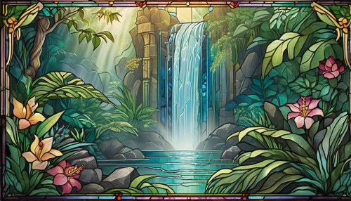 art deco background,cartoon video game background,frame border illustration,tropical floral background,art deco border,background design,water fall,botanical frame,waterfall,water falls,nature background,rainforest,tropical digital paper,frame flora,garden of eden,boho background,tropical bloom,backgrounds,tropical jungle,polynesia,Illustration,Vector,Vector 16